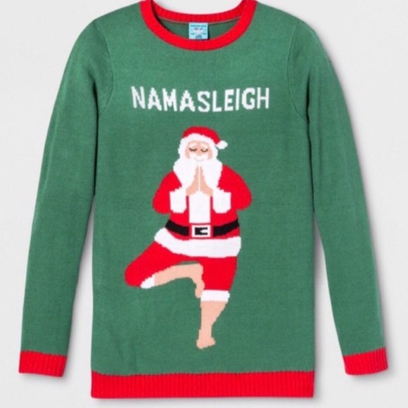 NWT Santa Yoga Pose Ugly Christmas Sweater Holiday Green Red XLarge XL - Picture 1 of 8